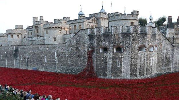 Poppy display at the Tower of London