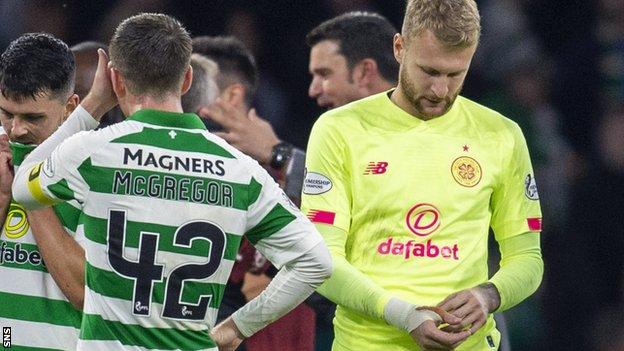 Celtic goalkeeper Scott Bain (right) after the defeat to Cluj