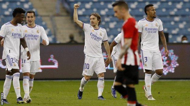 Luka Modric celebrates his goal against Athletic Bilbao