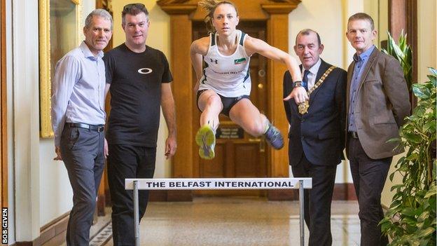 Kerry O'Flaherty at the launch of the Belfast International on Tuesday with Athletics NI president Gary Keenan, Beechmount Harriers official Eamonn Christie, Lord Mayor of Belfast Councillor Arder Carson and Irish Milers Club co-founder Brendan Hackett