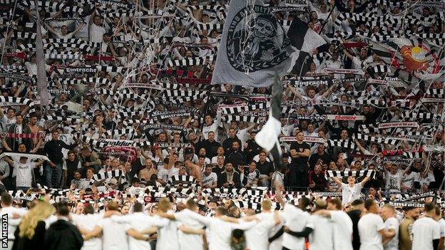 Eintracht Frankfurt fans during the UEFA Europa League semi-final, second leg match at the Deutsche Bank Park, Frankfurt.