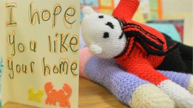 A toy and card created for arriving refugee families