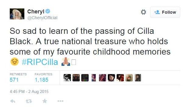 Cheryl Fernandez-Versini tweets tribute to Cilla Black