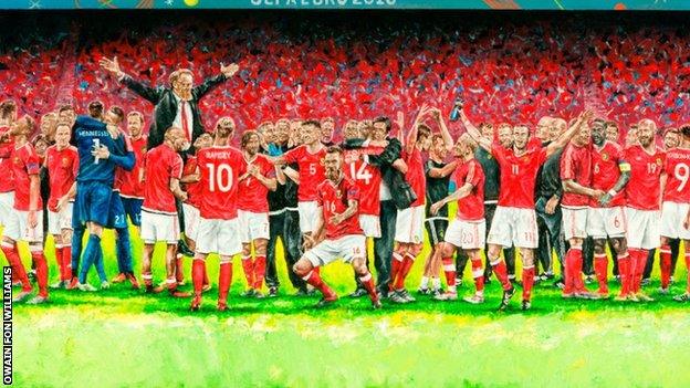 Owain Fon Williams' painting of Wales celebrating their Euro 2016 quarter-final win over Belgium