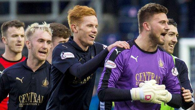 Falkirk celebrate after the late penalty save by Danny Rogers (right)