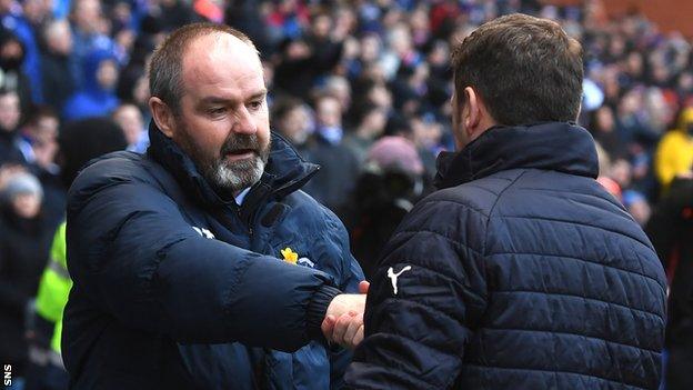 Kilmarnock boss Steve Clarke shakes hands with Rangers counterpart Graeme Murty