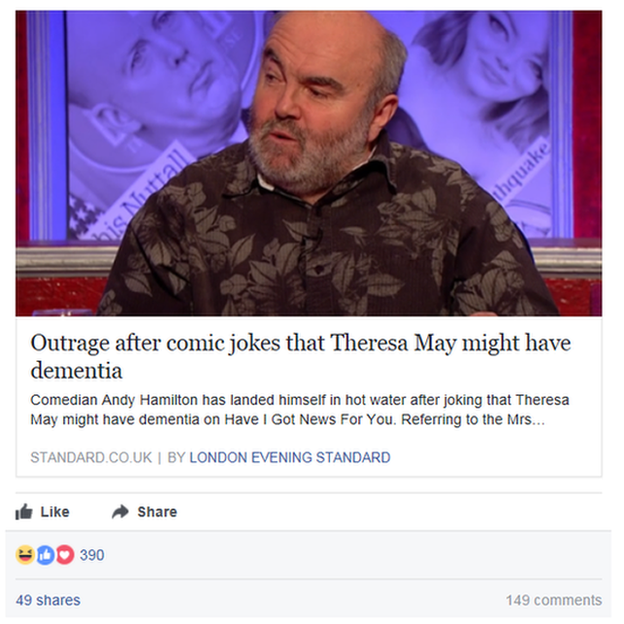 Article headline reads: Outrage after comic jokes that Theresa May might have dementia