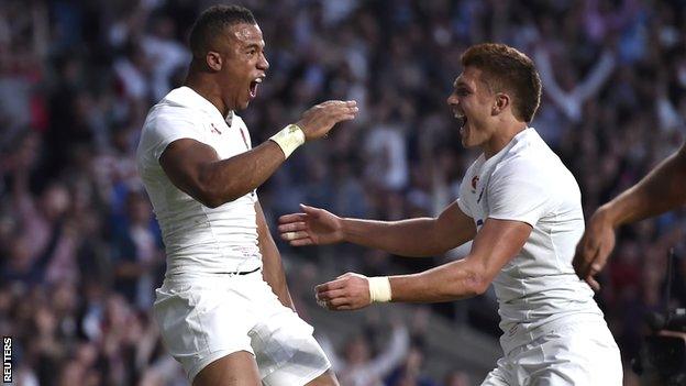 Anthony Watson and Henry Slade celebrate