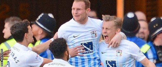 Coventry City striker George Thomas celebrates his goal against Bristol Rovers