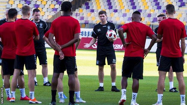 Rangers manager Steven Gerrard oversees a training session at the Ljudski Stadion