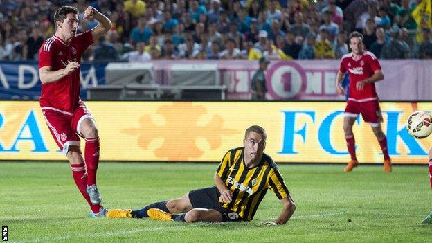 Kenny McLean scores for Aberdeen against Kairat Almaty