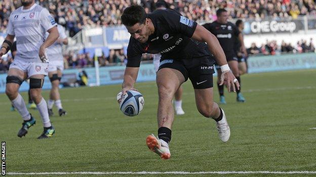 Sean Maitland scores a try for Saracens against Gloucester