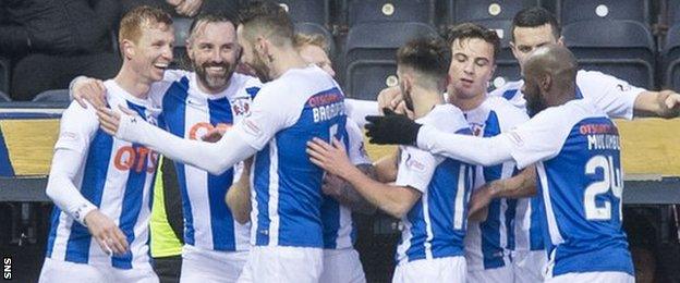 Kilmarnock celebrate Scott Boyd's goal at Rugby Park