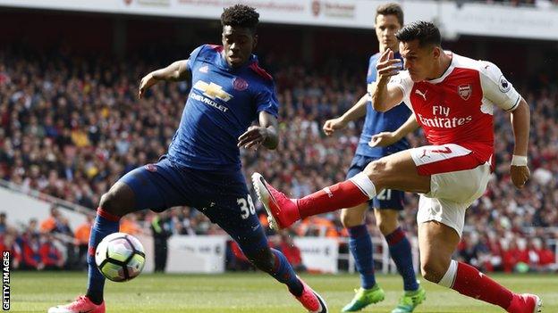 Manchester United defender Axel Tuanzebe in action against then Arsenal striker Alexis Sanchez last season