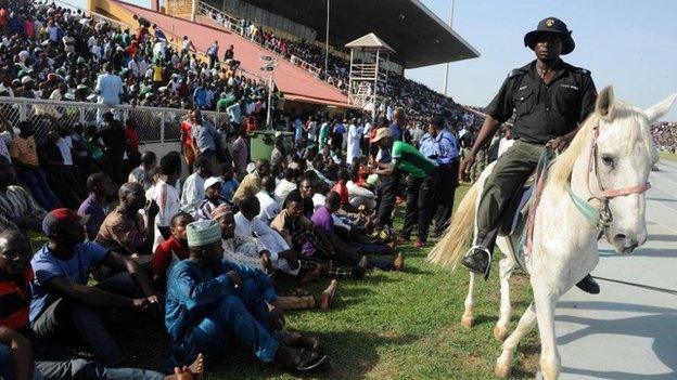 Policemen on horses patrolled the crowd