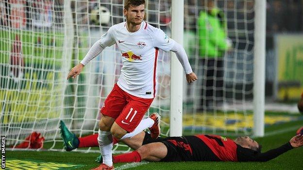 RB Leipzig's Timo Werner celebrates after scoring the second goal against Freiburg