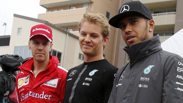 Sebastian Vettel, Nico Rosberg and Lewis Hamilton