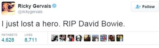 @rickygervais: I just lost a hero. RIP David Bowie.