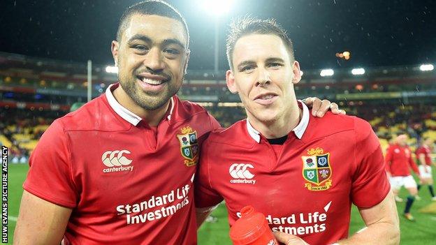 Taulupe Faletau and Liam Williams celebrate Lions' second Test win over New Zealand