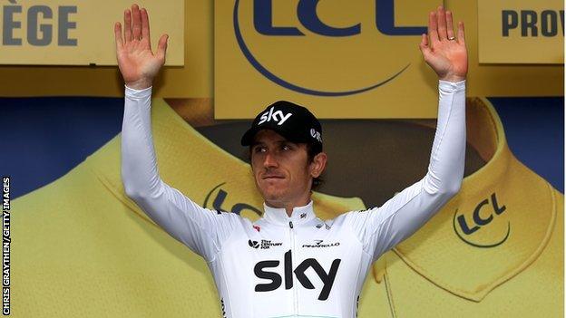 Geraint Thomas celebrates with the yellow leaders jersey during stage two of the 2017 Tour de France