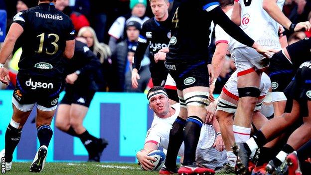 Marcell Coetzee's scores Ulster's early try at Kingspan Stadium