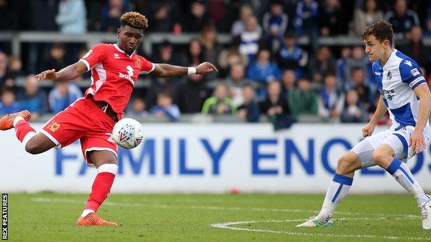 Aston Villa's Aaron Tshibola (left) in action for MK Dons