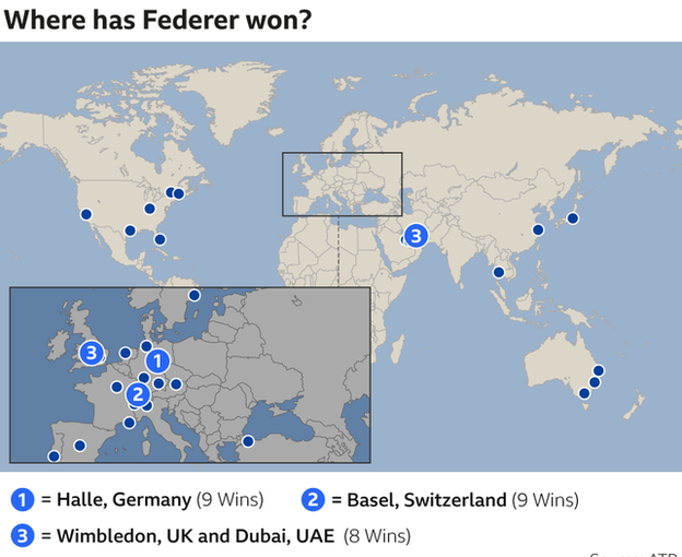 Map showing where Federer has won his titles