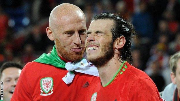 James Collins and Gareth Bale celebrate reaching the 2016 European Championships with Wales