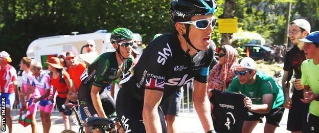 Geraint Thomas rides near the front on stage 10 of this year's Tour de France from Tarbes to La Pierre-Saint-Martin