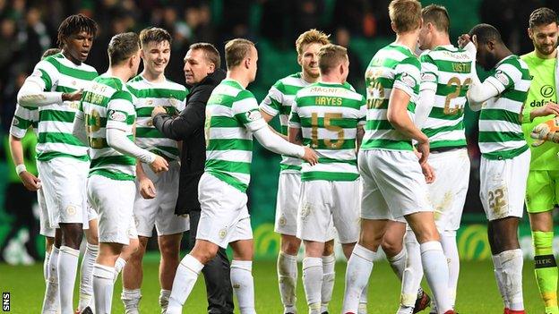 Brendan Rodgers congratulates his Celtic players at full-time