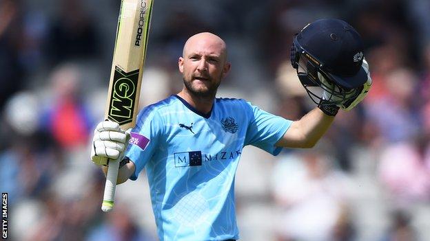 Yorkshire batsman Adam Lyth celebrates his century