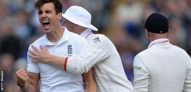 Steven Finn celebrates a wicket in the 2015 Ashes