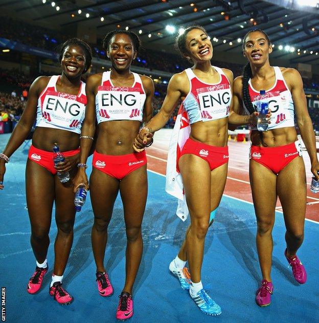 Jodie Williams with England team-mates after winning Commonwealth 4x100m bronze at the 2014 Games