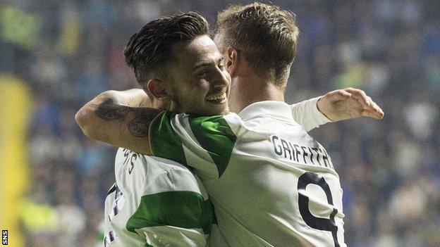 Celtic's Patrick Roberts and Leigh Griffiths embrace