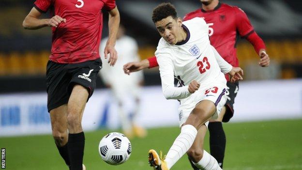 Jamal Musiala scores for England Under-21s against Albania