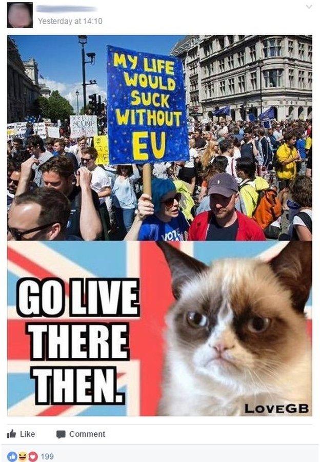 Pro-Brexit Facebook post, telling EU supporters to leave Britain