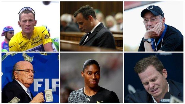 Collage of Lance Armstrong, Oscar Pistorius, Alberto Salazar, Sepp Blatter, Caster Semenya, Steve Smith