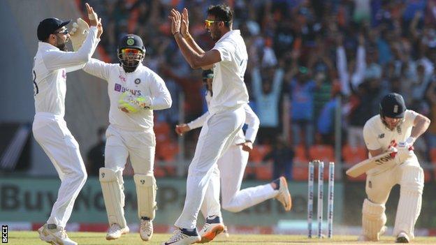 Axar Patel celebrates dismissing Dom Sibley