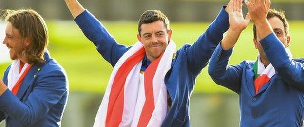 Rory McIlroy (centre) celebrates at the 2018 Ryder Cup, flanked by Europe team-mates Tommy Fleetwood (left) and Francesco Molinari (right)
