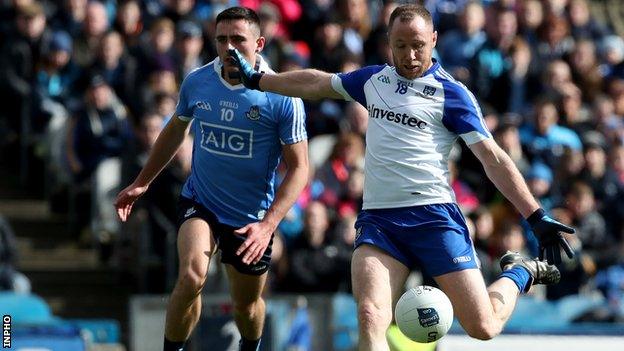 Vinny Corey fires in his first-half Monaghan goal at Croke Park