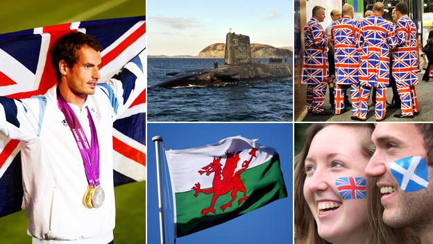 Andy Murray, a nuclear submarine, men in Union Jack suits, a British fan with a Scottish fan, and a Welsh flag