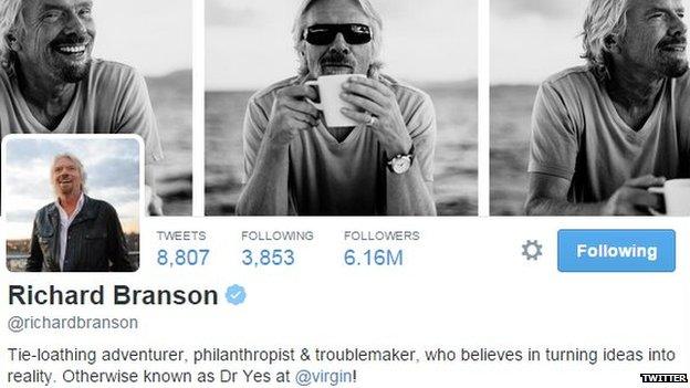 Richard Branson's Twitter profile page