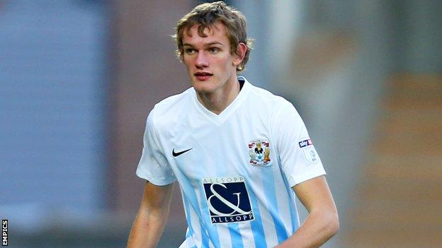 Coventry City midfielder Callum Maycock in action against Morecambe in November 2016