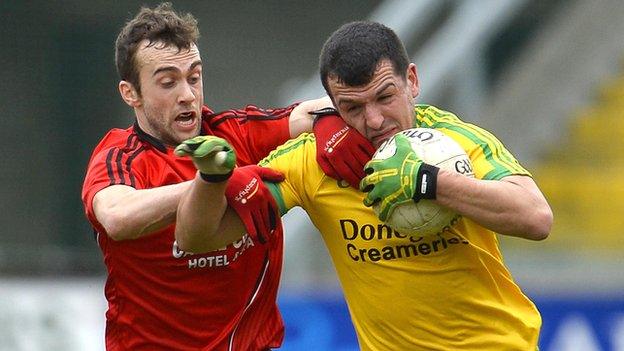 Down's Conor Laverty and Donegal's Frank McGlynn