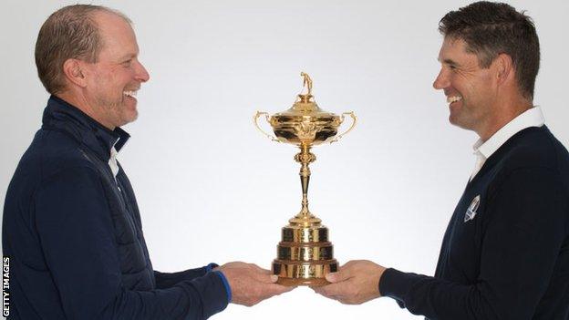 US captain Steve Stricker holds the Ryder Cup with European skipper Padraig Harrington