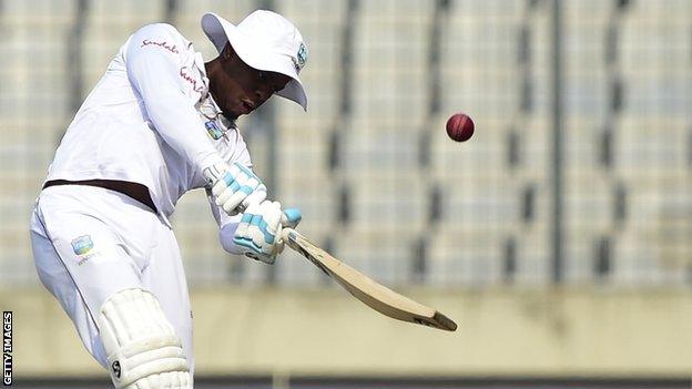 West Indies batsman Shimron Hetmyer plays an expansive shot in a Test against Bangladesh