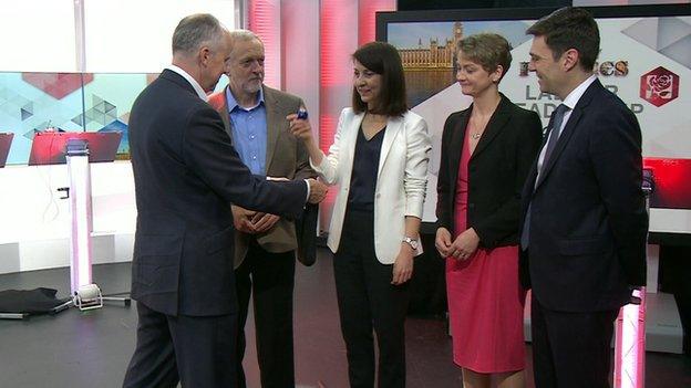 Jeremy Corbyn (left), Liz Kendall, Yvette Cooper and Andy Burnham with Robbie Gibb, editor of the Sunday Politics