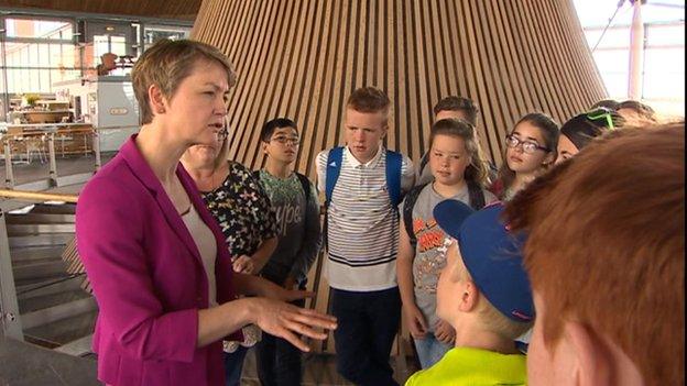 Yvette Cooper with Tredegar Comprehensive School pupils