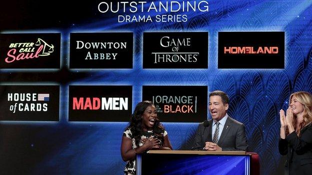 Uzo Aduba and Cat Deeley and Television Academy chairman and CEO Bruce Rosenbaum are pictured during the nomination