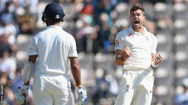 James Anderson celebrates a wicket in 2018